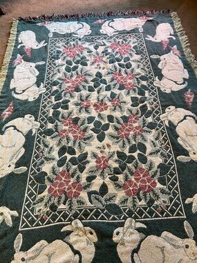 Floral & Bunny Woven Throw - Green, Cream, Pink